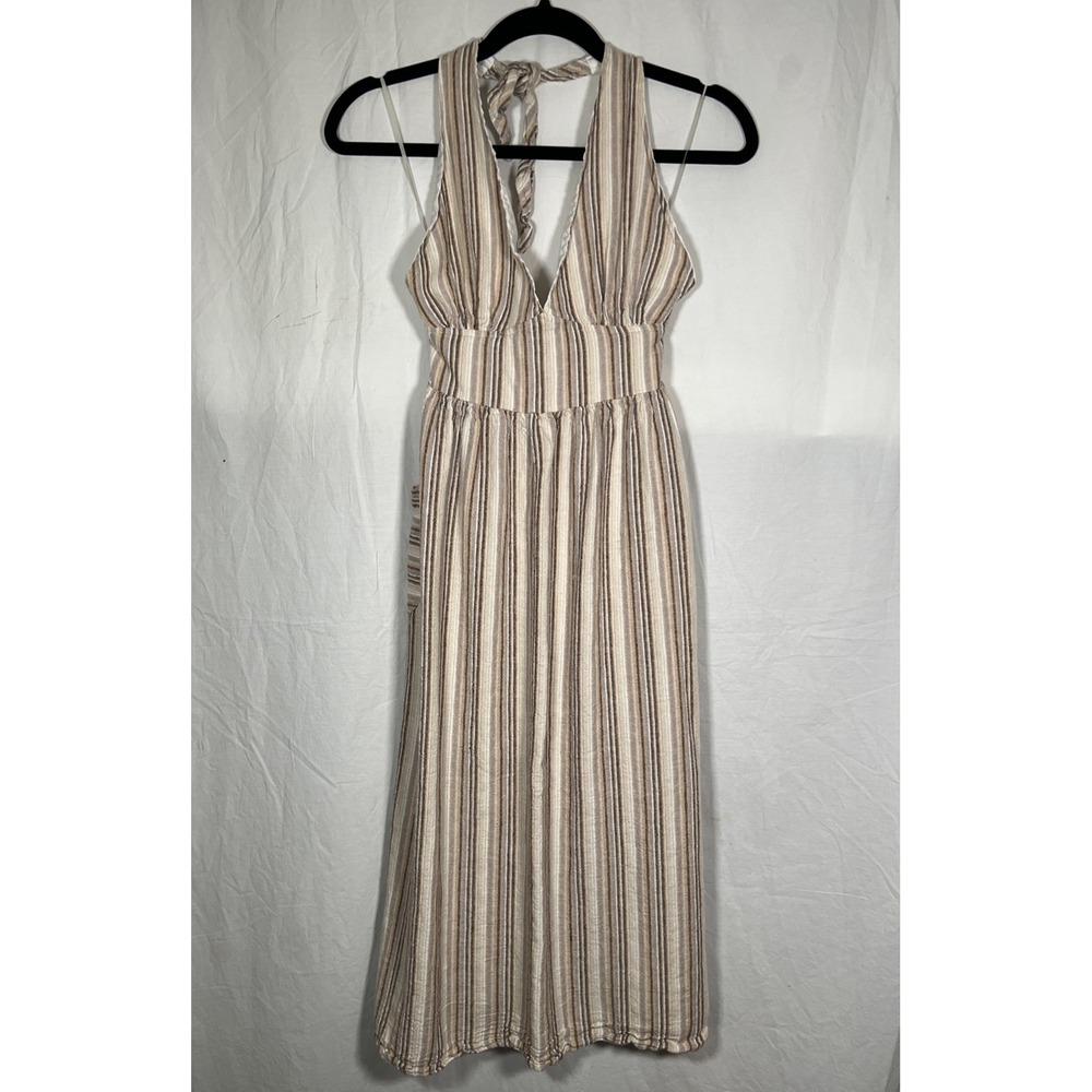 Indigo Rein Linen Blend Striped Halter Style Dress Pockets Boho Earthy Size XS